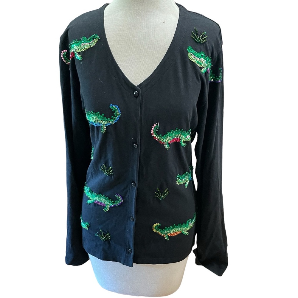 Emma Tricot Women's Black Cardigan Green Sequined and Beaded Alligators Size L